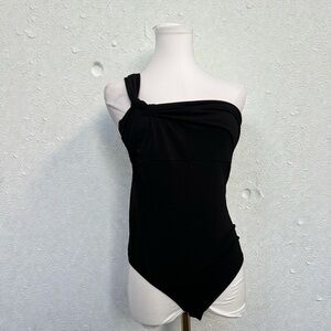 Vintage Bebe Black One-Shoulder Bodysuit | Y2K Minimal Club Top XS